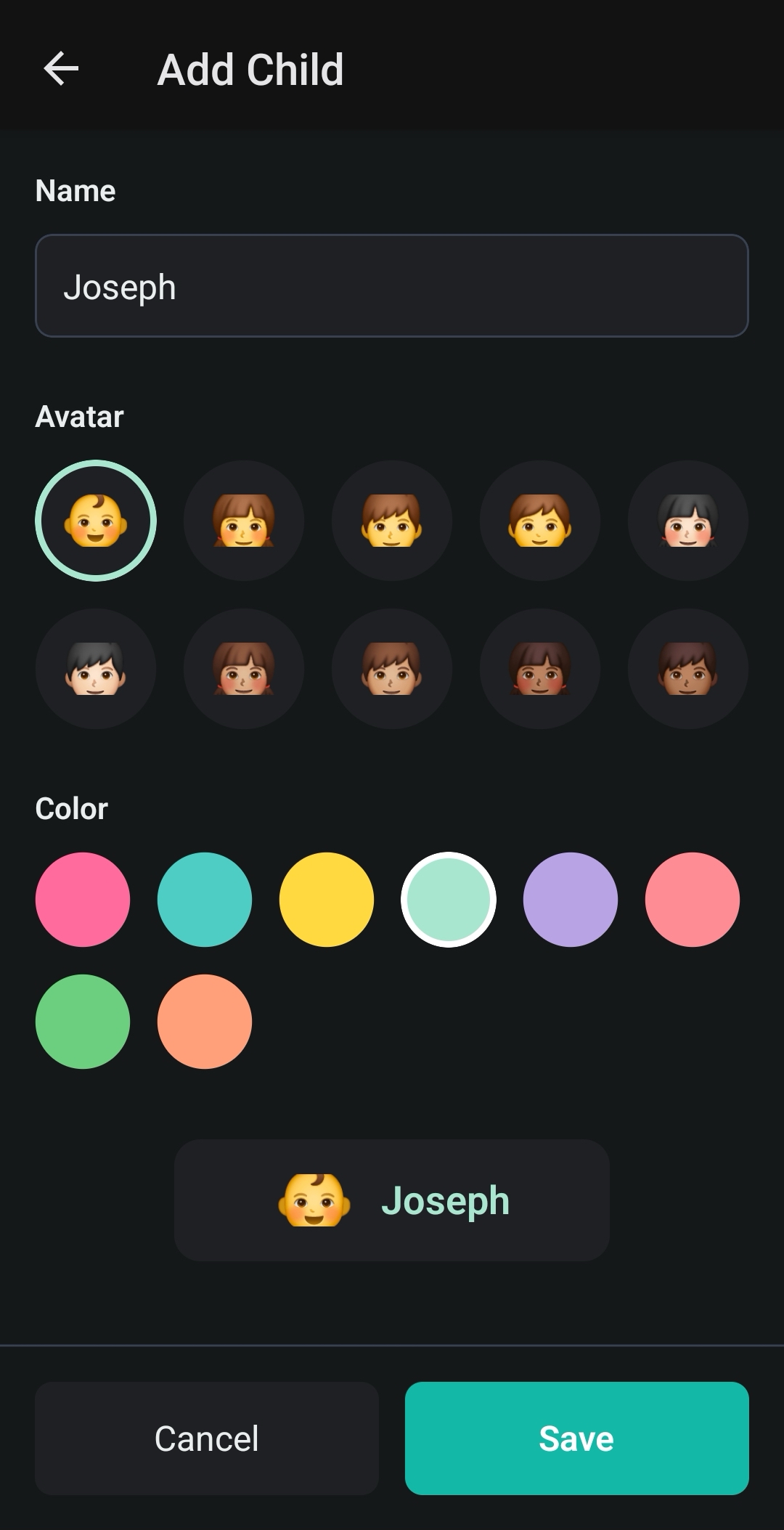 Add a child profile with avatar and color selection